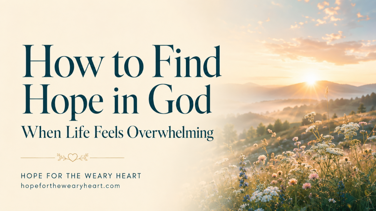  A peaceful sunrise with the words “Finding Hope When Life Feels Overwhelming” and your Hope for the Weary Heart branding.