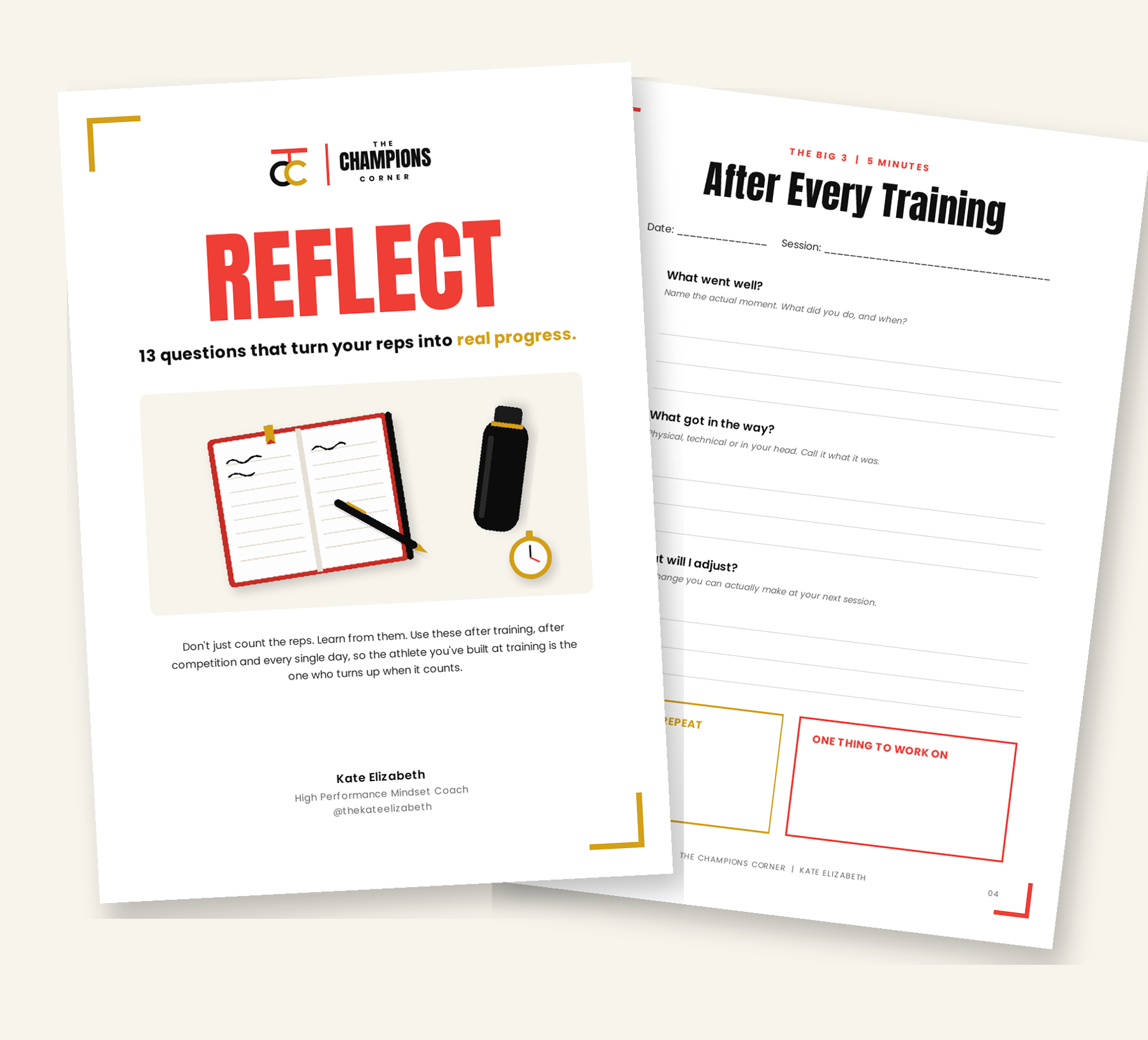 The REFLECT guide cover and After Every Training page