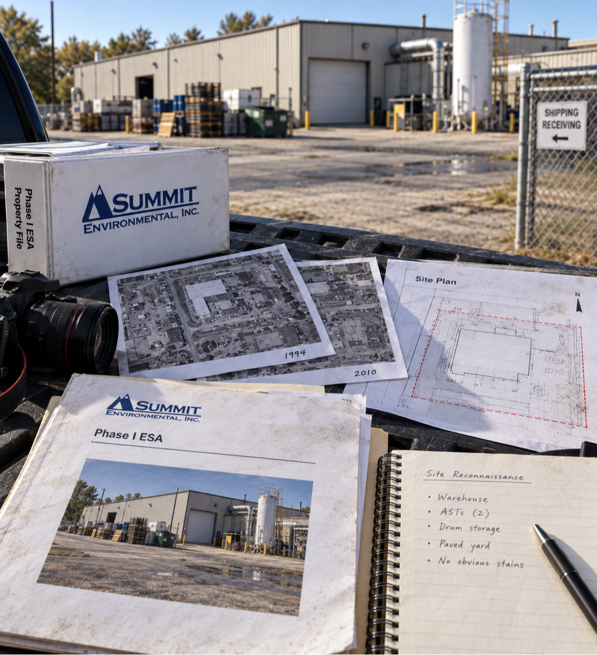 Environmental professional reviewing a commercial property during a Phase I ESA
