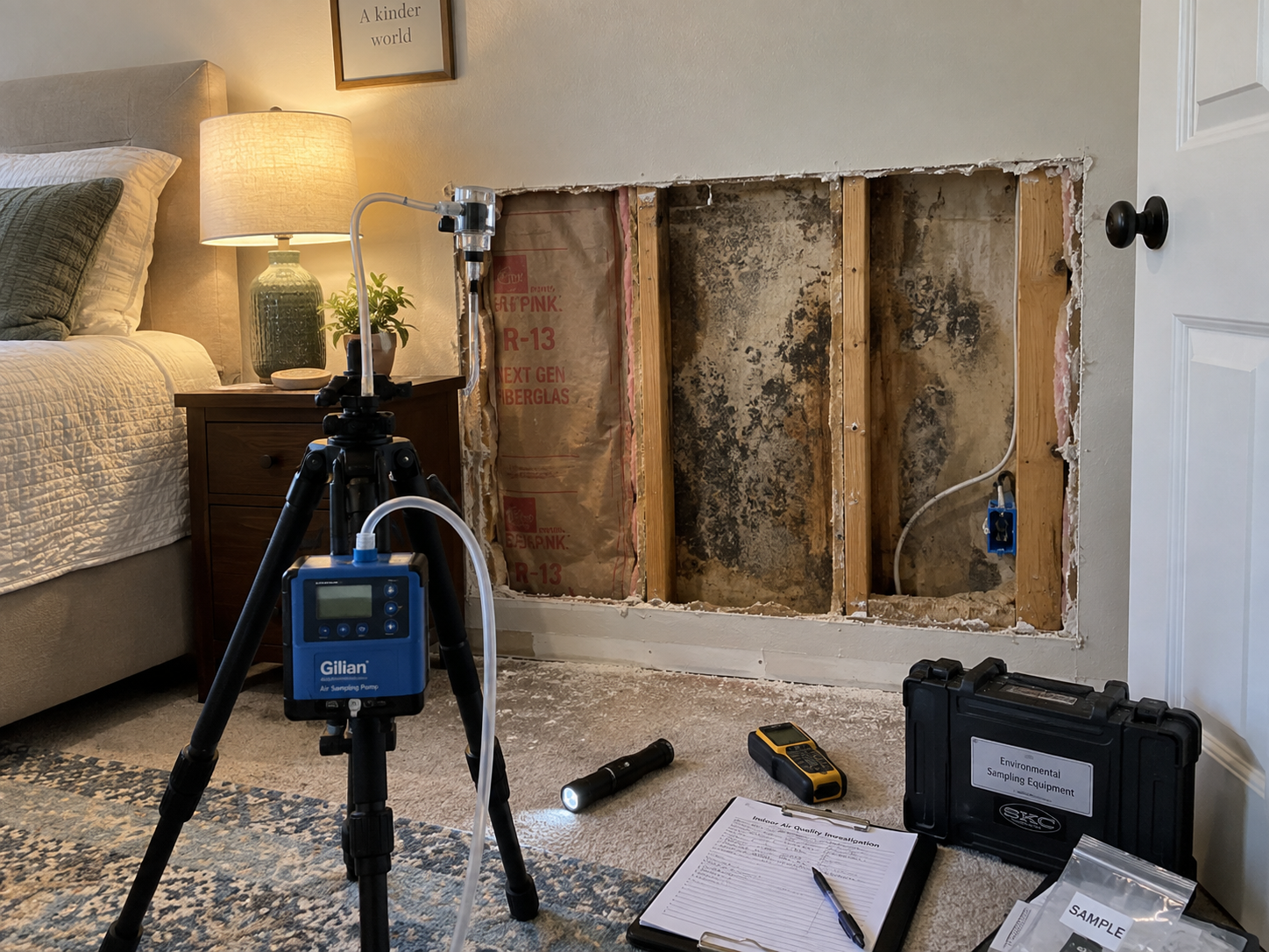 Environmental professional performing a mold and moisture investigation
