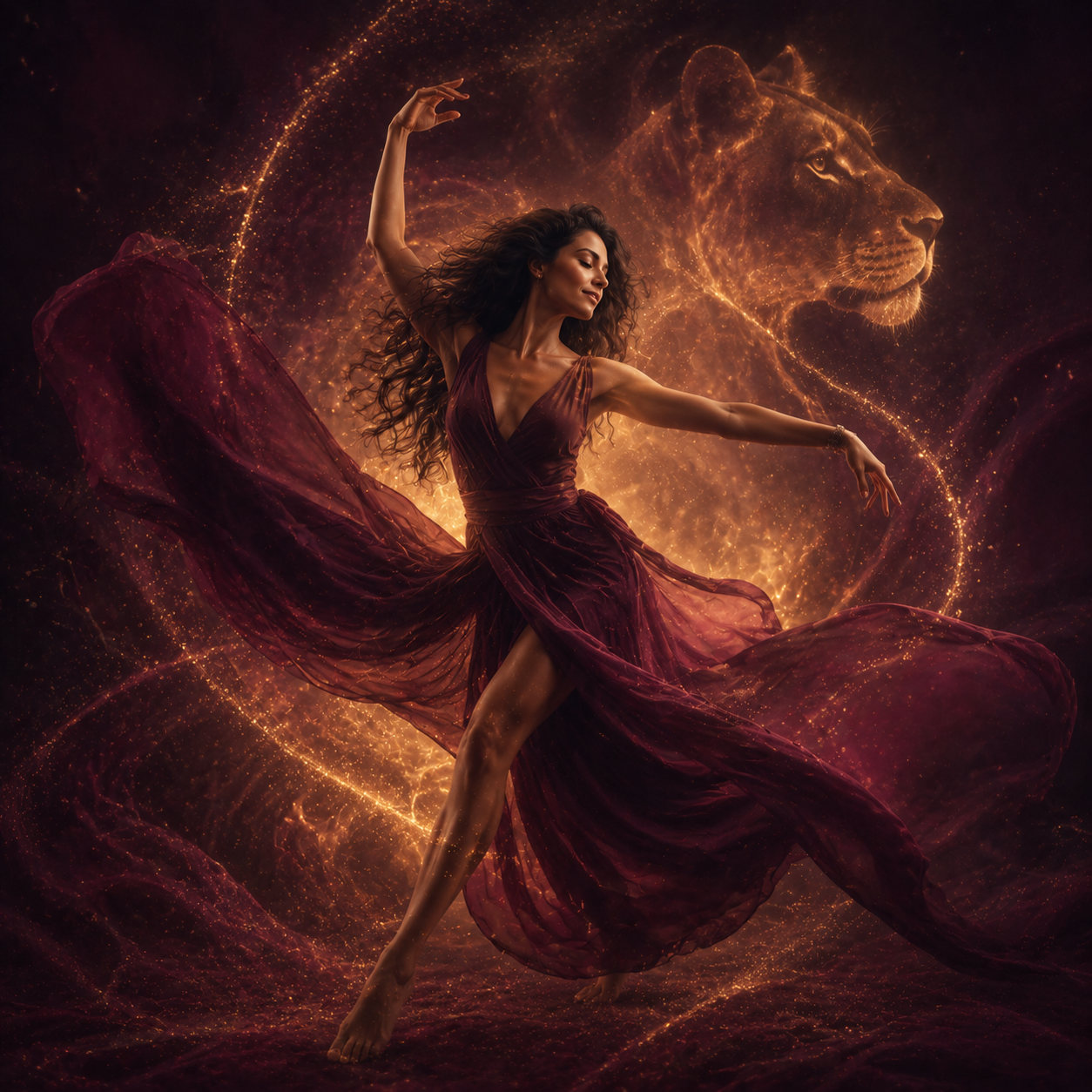 Mujer danzando con la presencia de Sekhmet