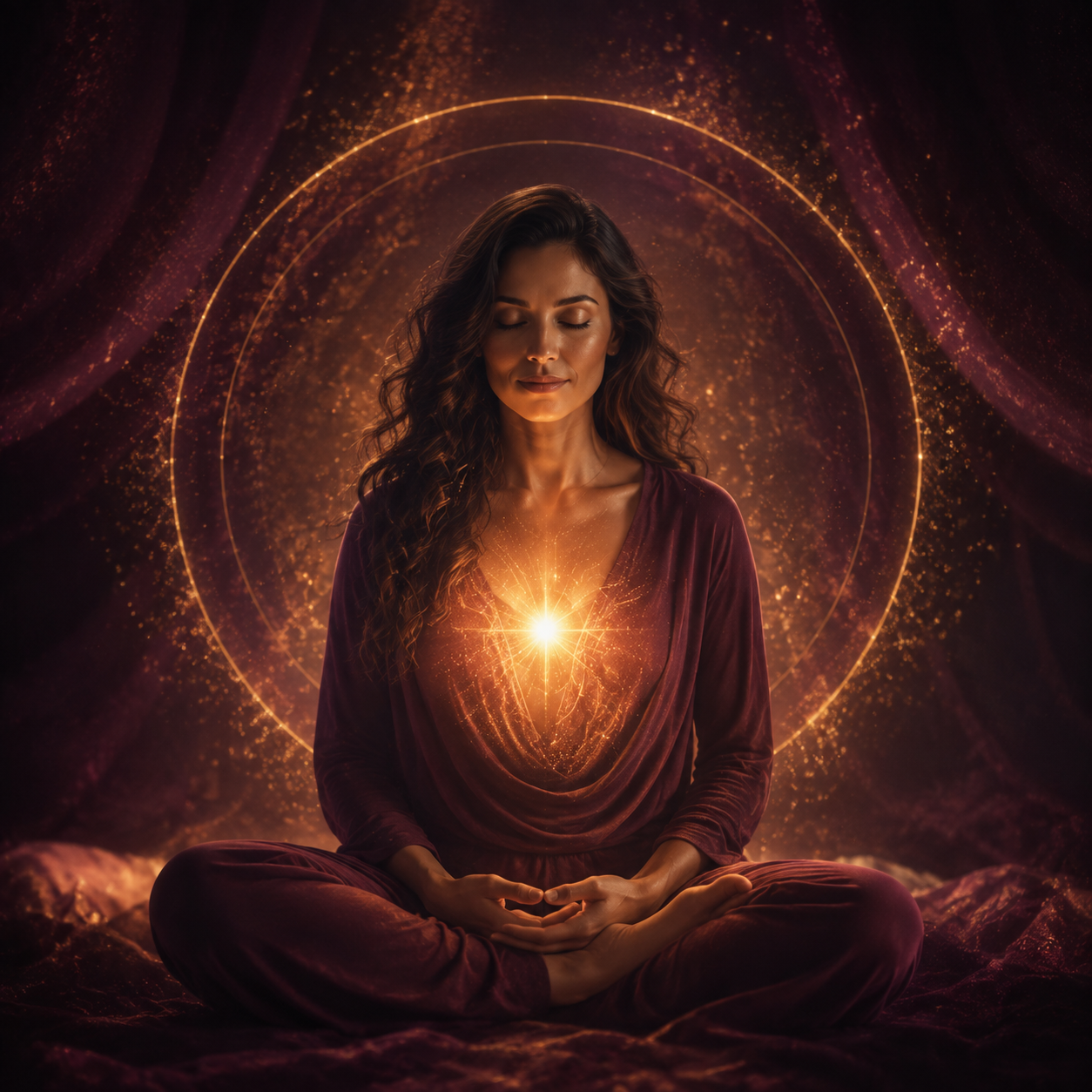 Mujer meditando con una luz dorada en el centro