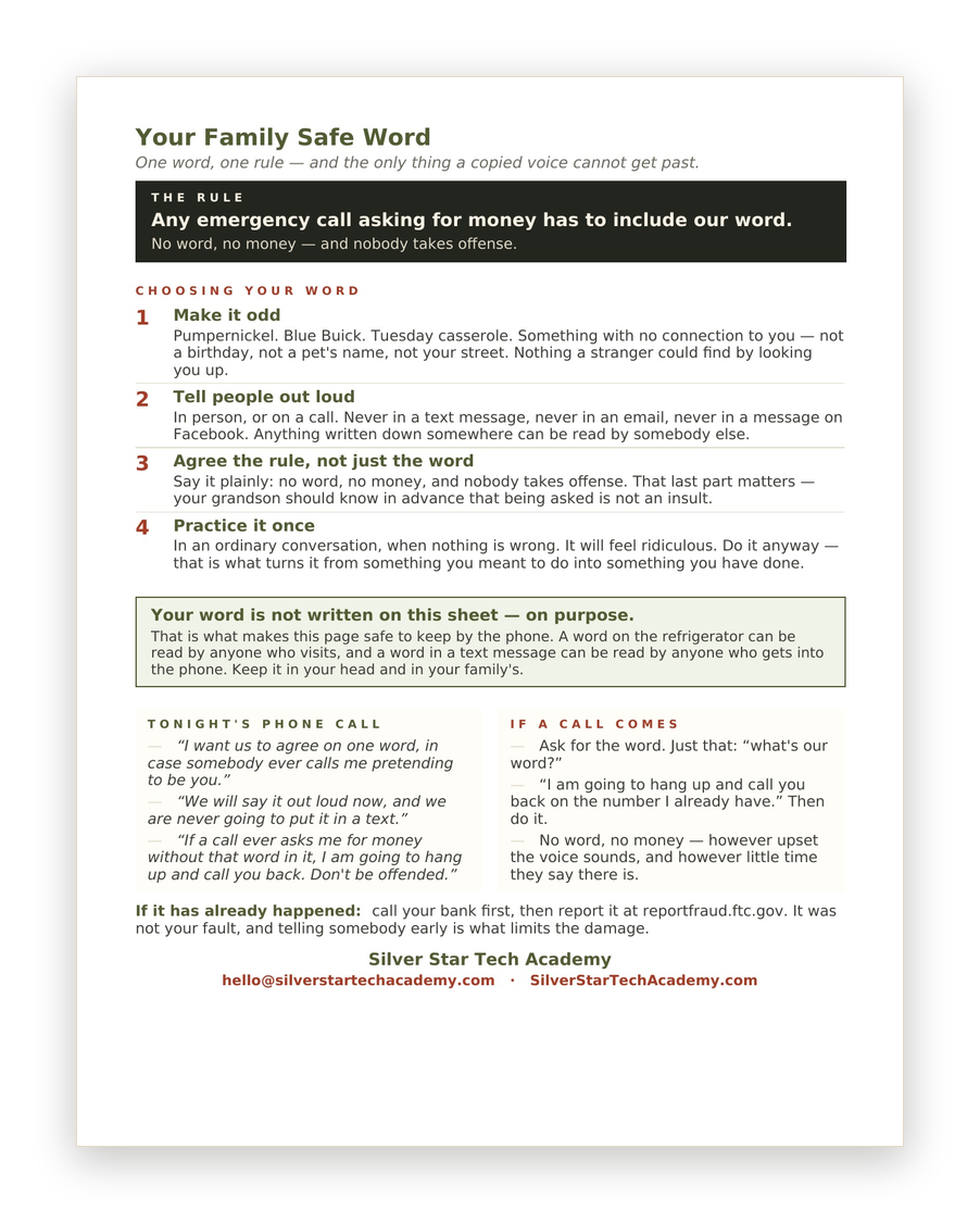 Your Family Safe Word, one page in large print