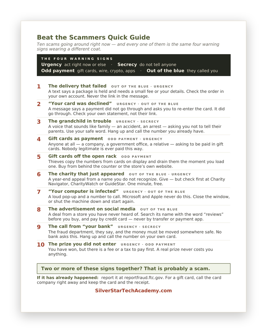The Beat the Scammers Quick Guide, one page in large print