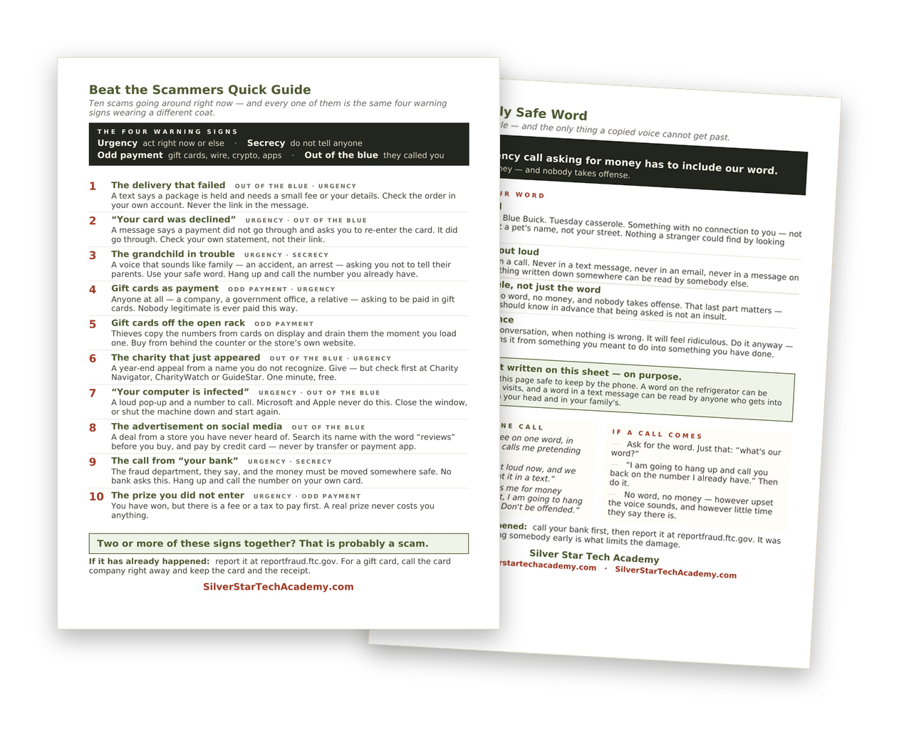 The Quick Guide and the Family Safe Word sheet, both in large print