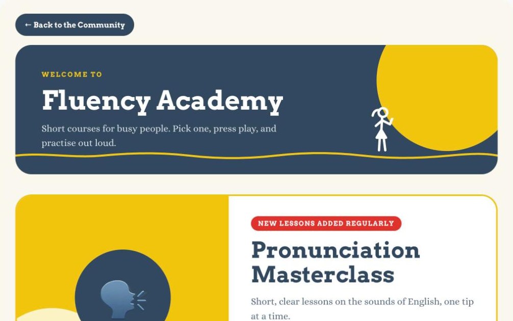 The Fluency Academy home page: a welcome banner and the Pronunciation Masterclass