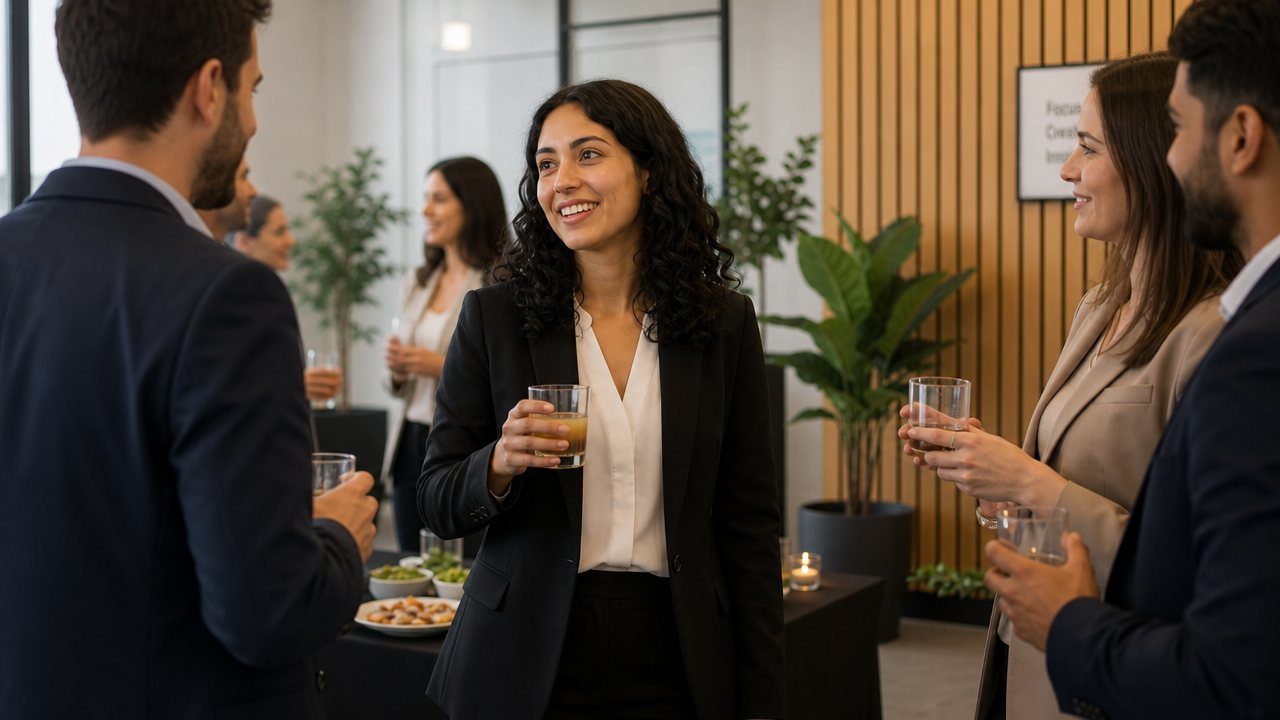 A professional chatting and laughing with colleagues
