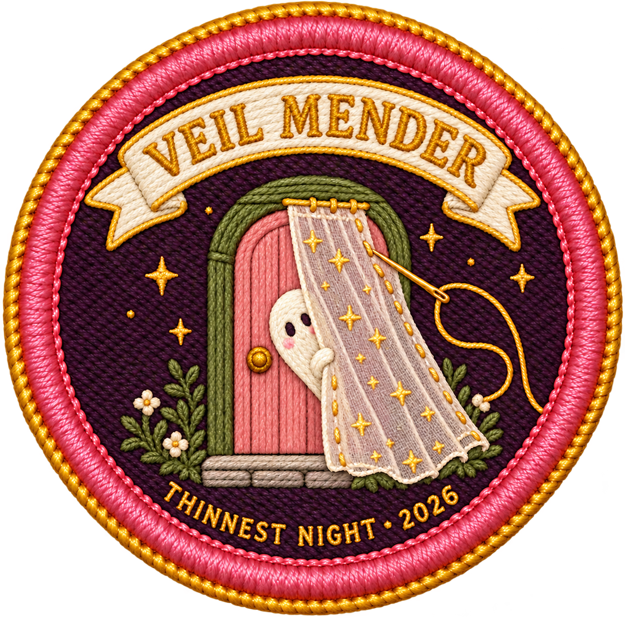 Veil Mender badge: a pink door, a starry veil being stitched closed, and a peeking ghost