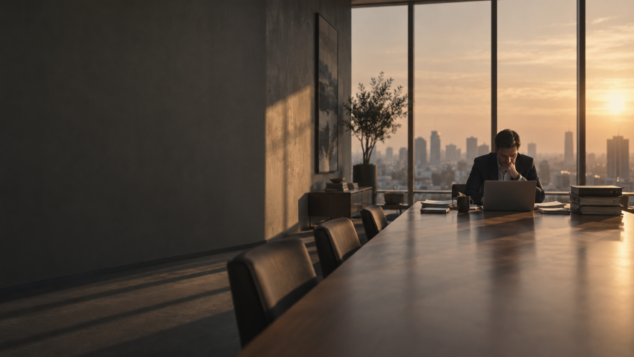 Business owner working alone at the end of a long conference table at sunset, surrounded by files and a laptop, representing isolation, overwork, and the pressure to do everything yourself.