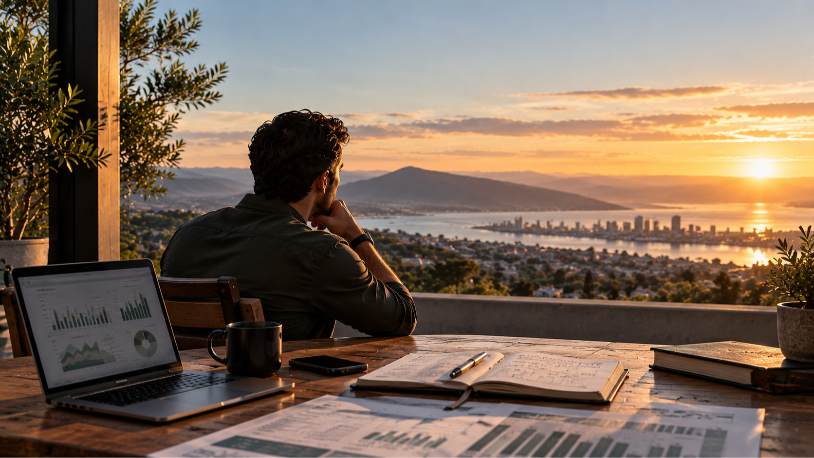 Business owner reviewing financial reports and a laptop dashboard while overlooking a city at sunset, representing financial clarity, strategic thinking, and long-term business goals.