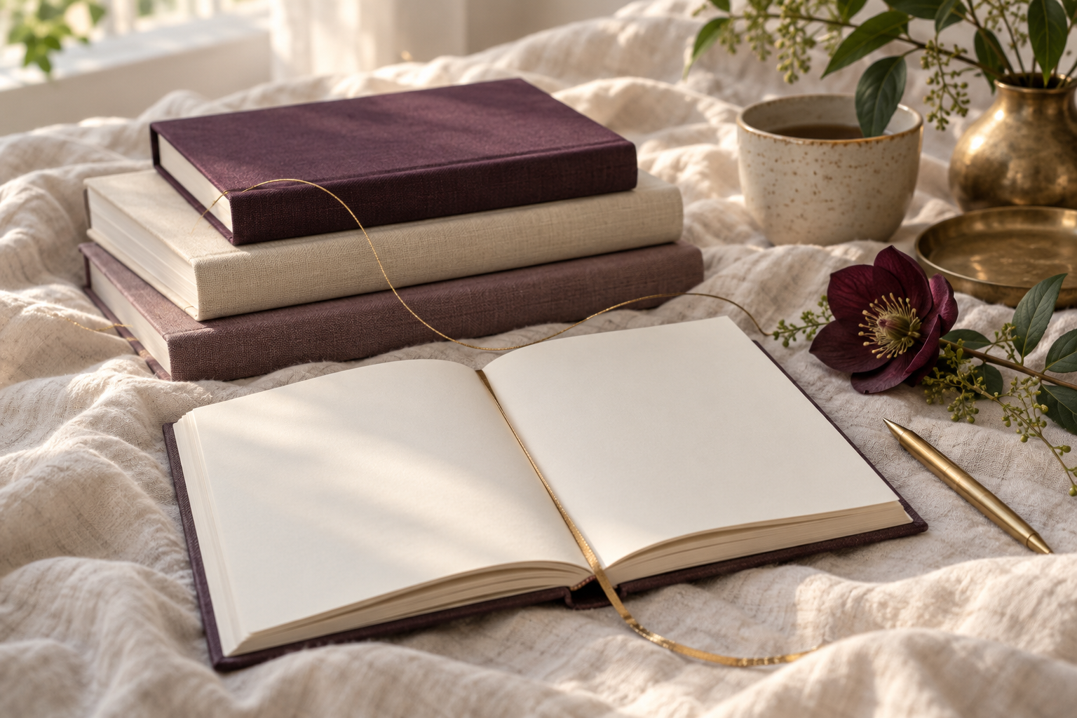 Books and an open journal for reflection and self-discovery
