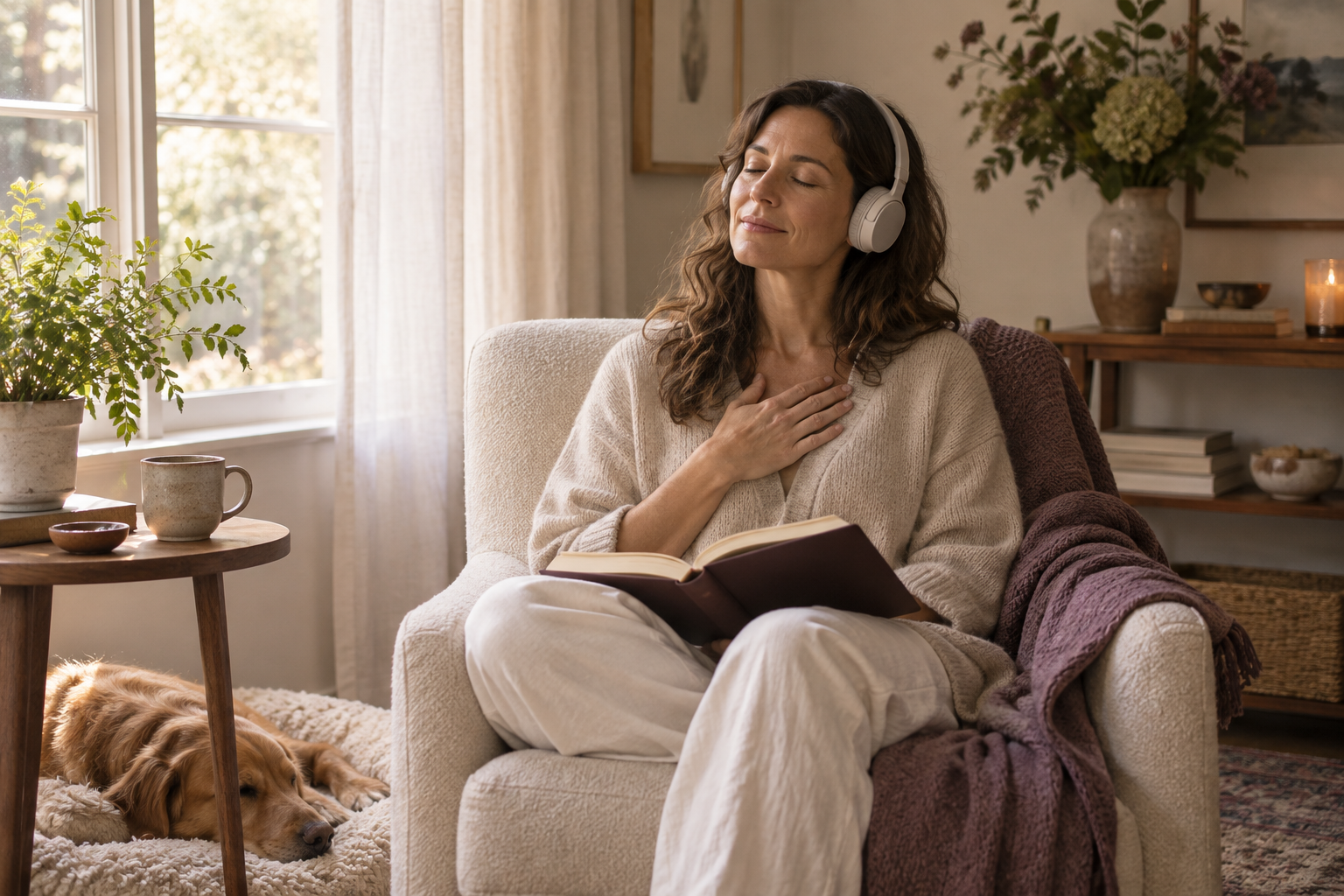Woman listening to a guided reflection with her journal