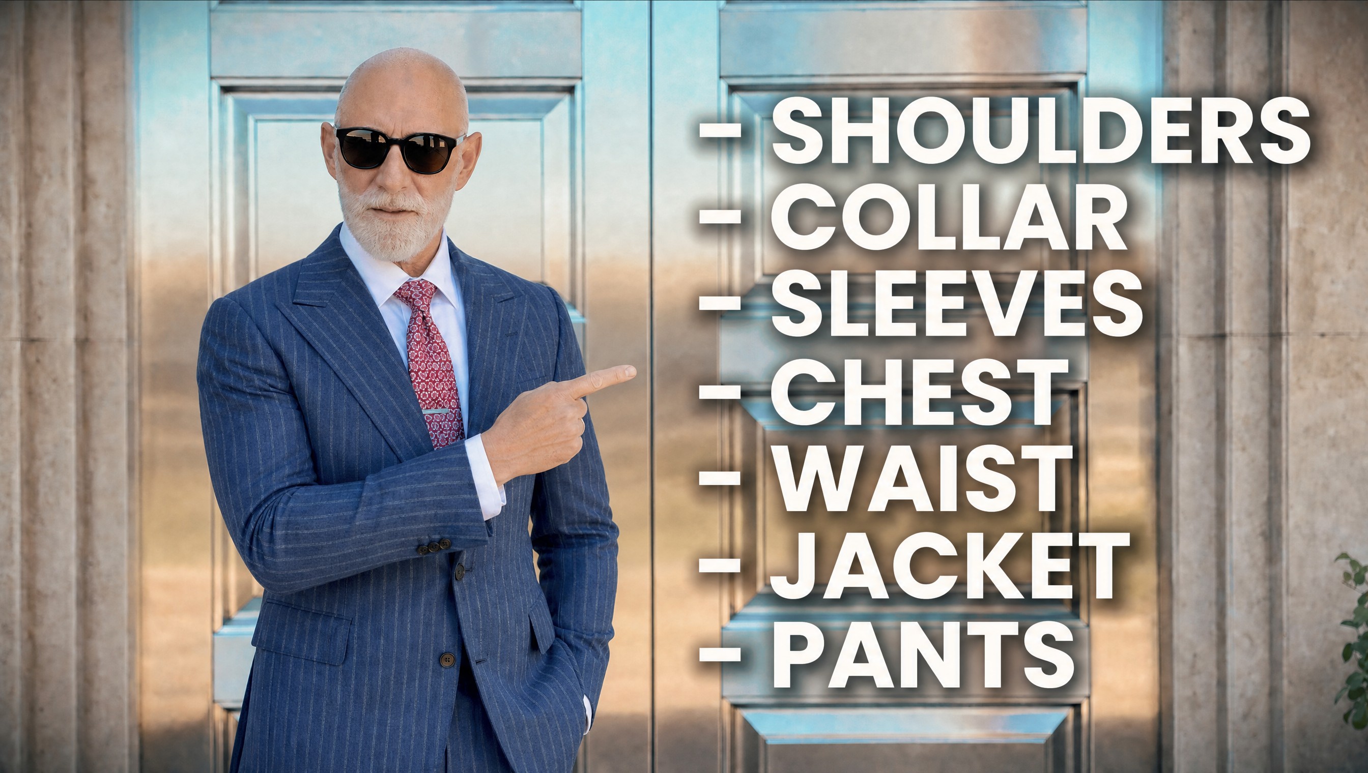 The Perfect Suit Checklist: shoulders, collar, sleeves, chest, waist, jacket, pants