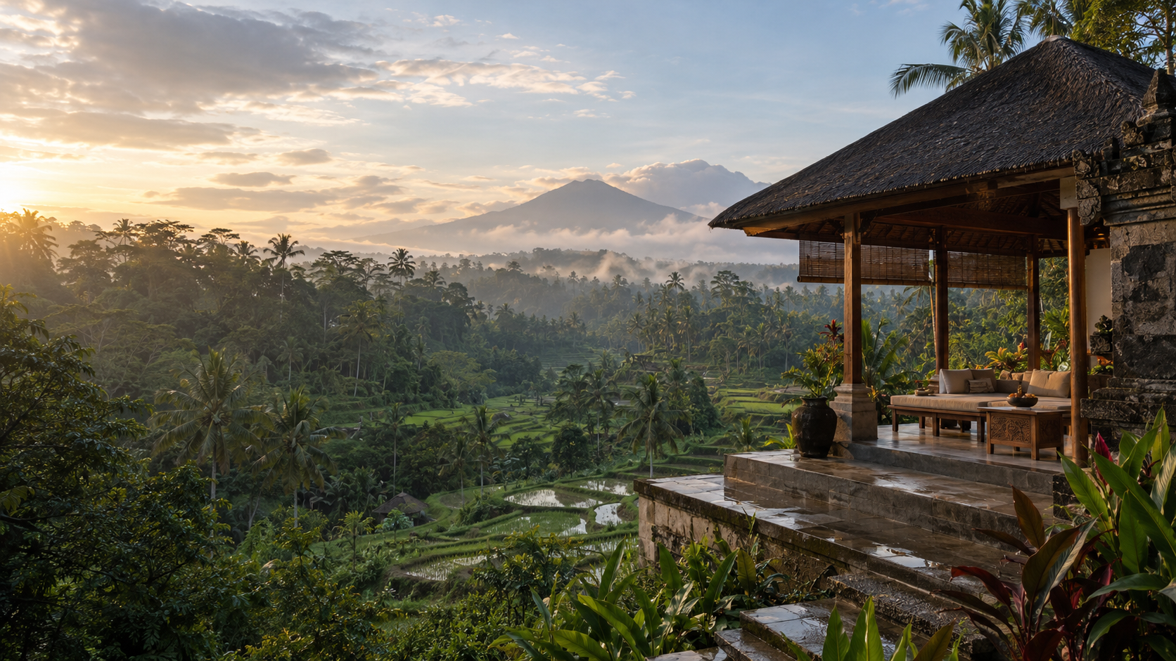 A sunrise view over Ubud rice terraces
