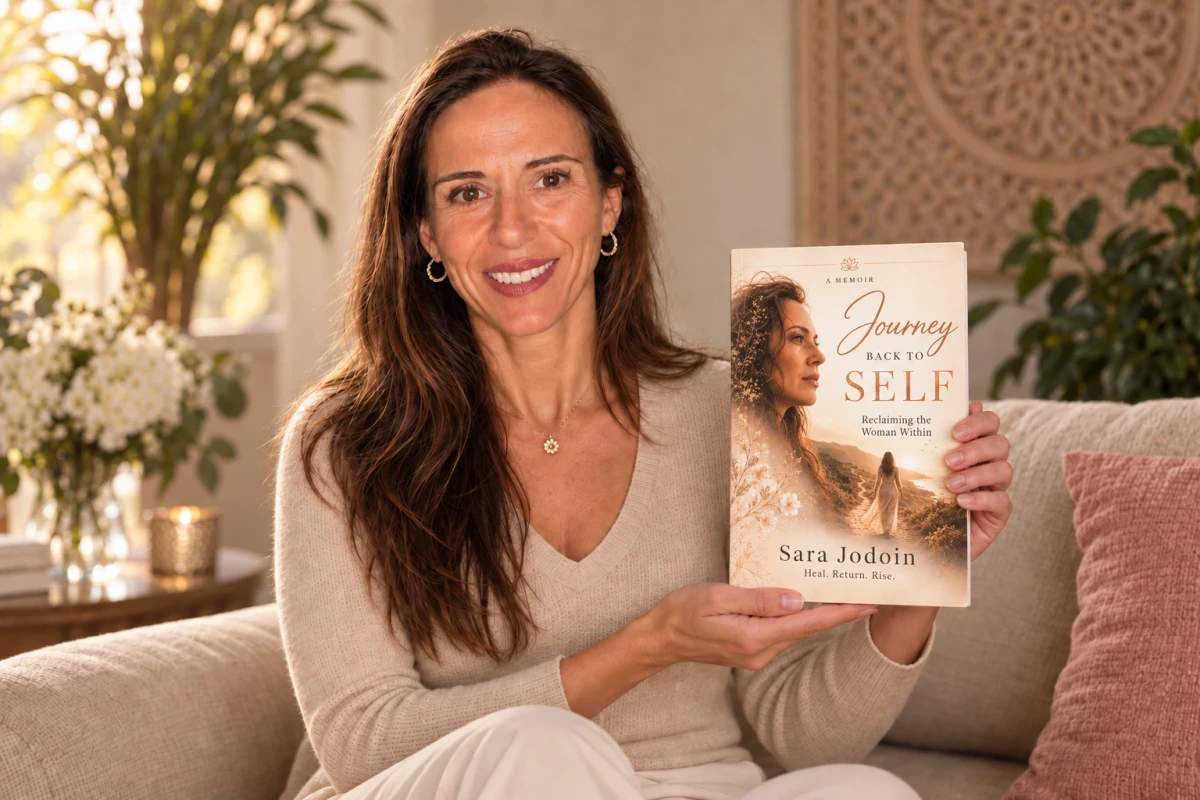 AI-created promotional portrait of Sara Jodoin holding Journey Back to Self