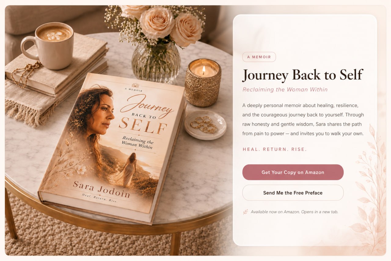 Journey Back to Self book displayed with roses, coffee, and candlelight