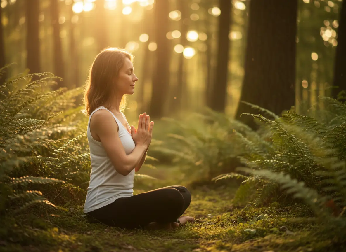 A woman meditating in a sunlit forest