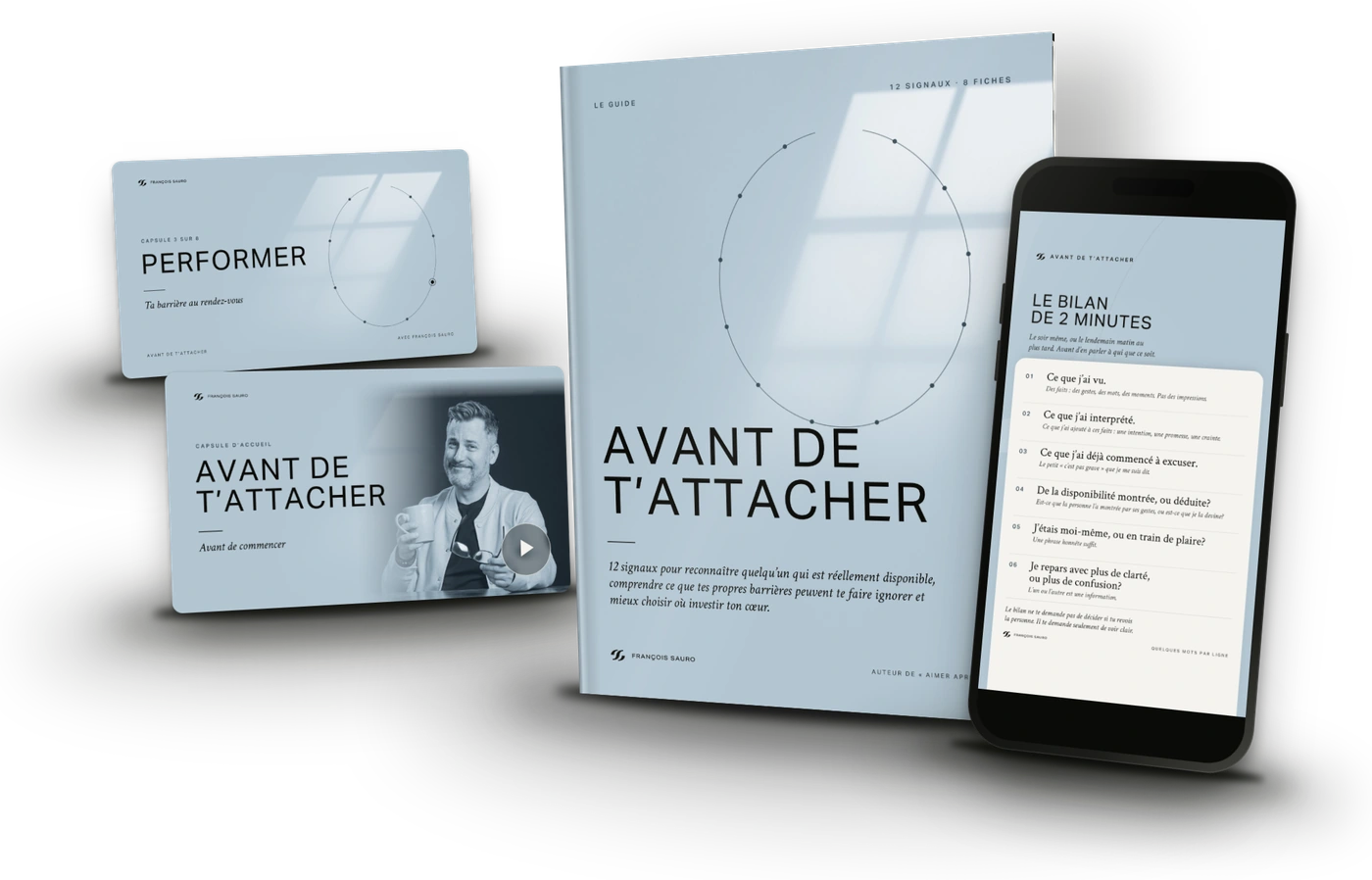 Le guide AVANT DE T’ATTACHER, le bilan de 2 minutes affiché sur un téléphone et deux cartons de capsules