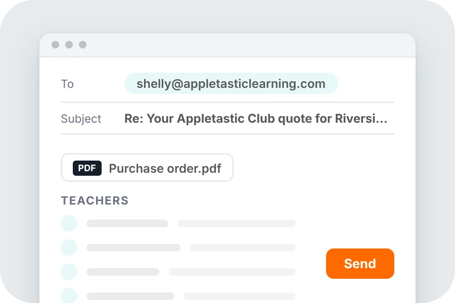 A reply email with a purchase order attached and a list of teachers