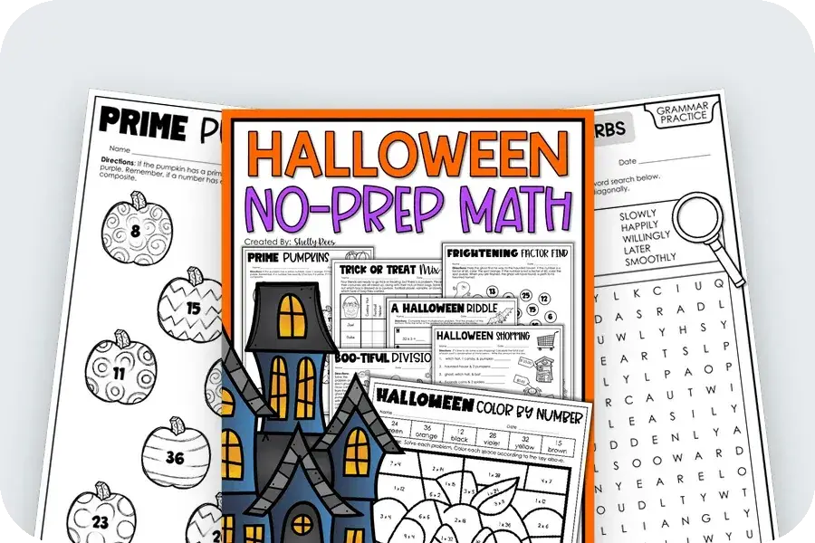 Three real pages: a Halloween color by number, a Create a Planet project and a Boggle puzzle sheet
