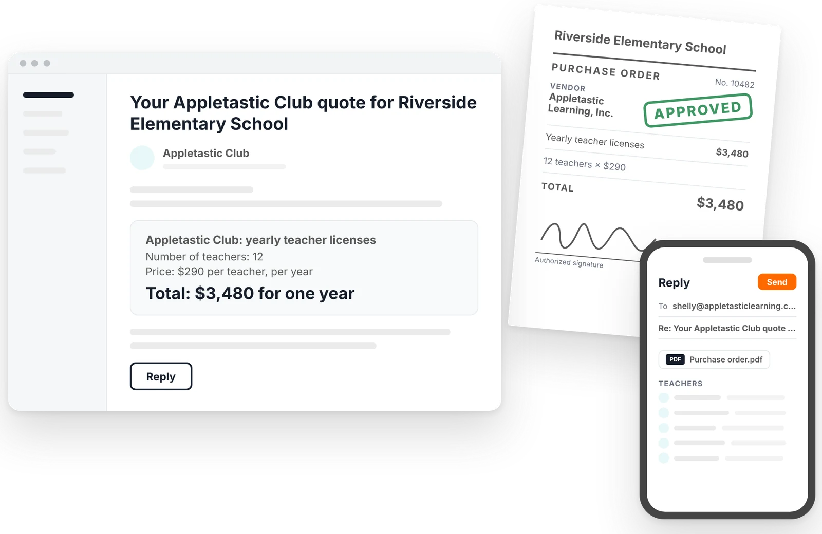 A quote email on a computer, an approved purchase order and a reply on a phone