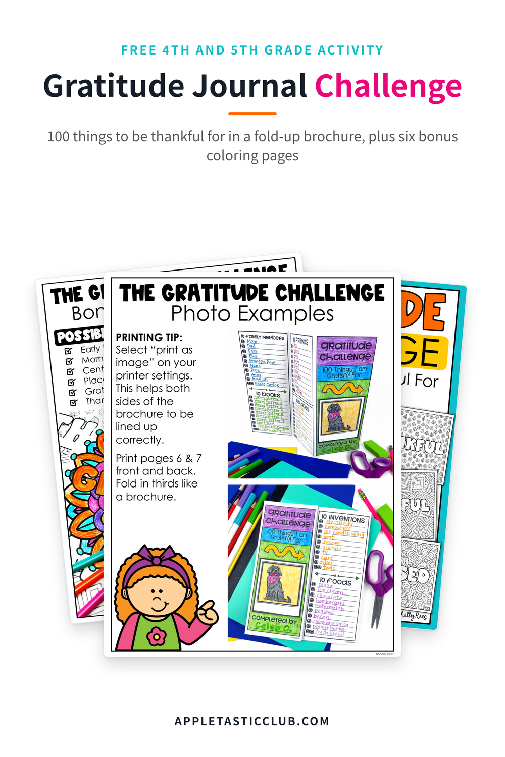A free Gratitude Journal Challenge for 4th and 5th grade: 100 things to be thankful for in a fold-up brochure, plus six bonus coloring pages