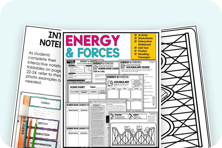 Three real pages from the Energy and Forces science unit
