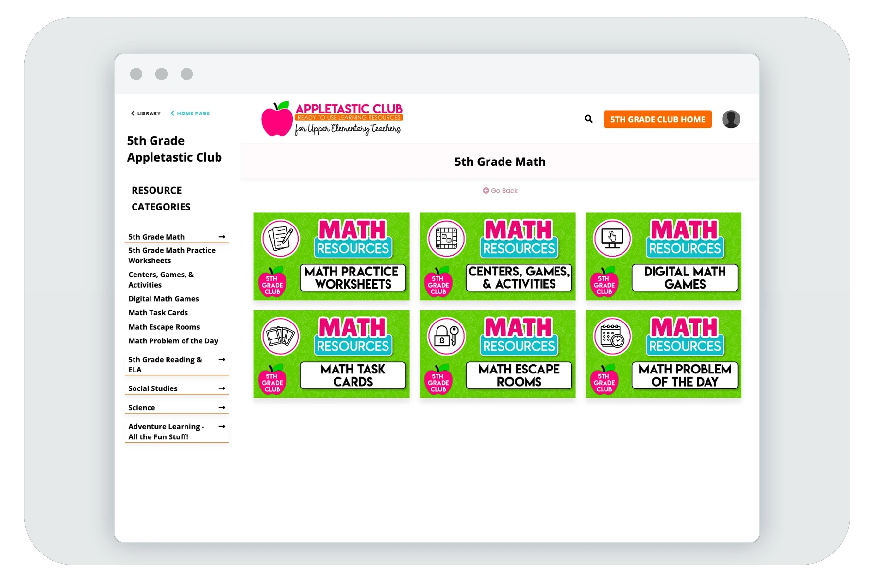 The 5th Grade Math category page with its six resource folders