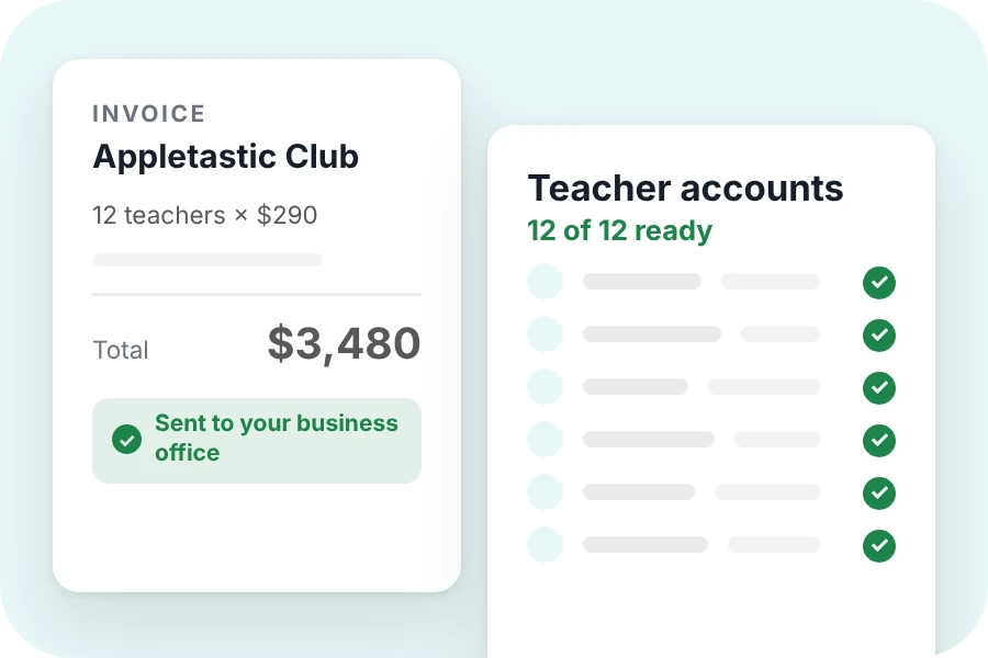 An invoice marked as sent, beside a list of teacher accounts that are ready