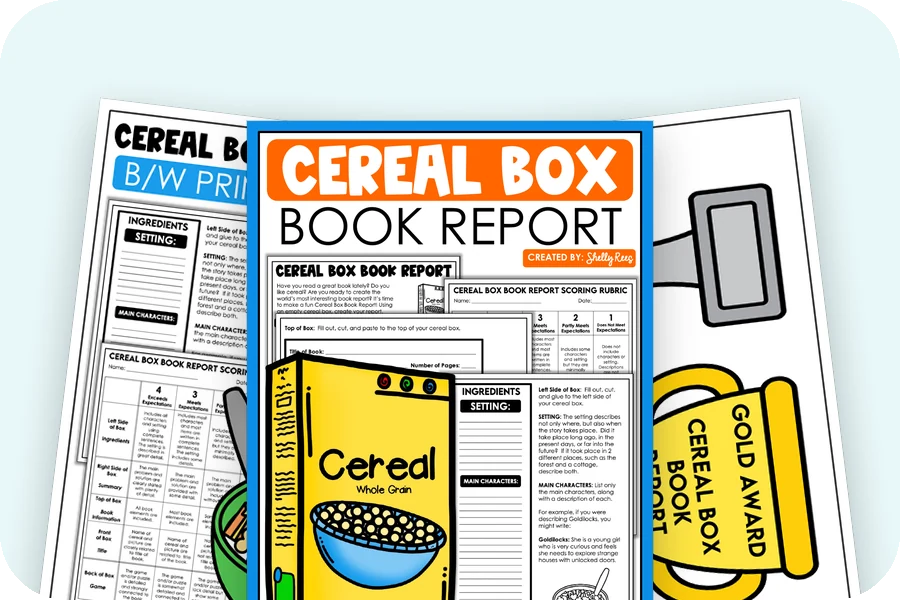 Three real pages from the Cereal Box Book Report project