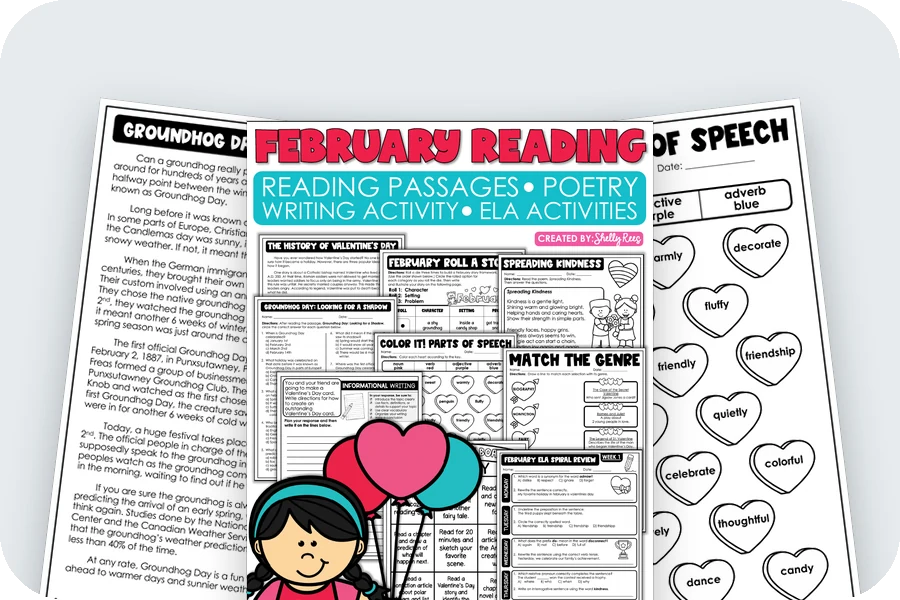 Three real pages from the February reading unit