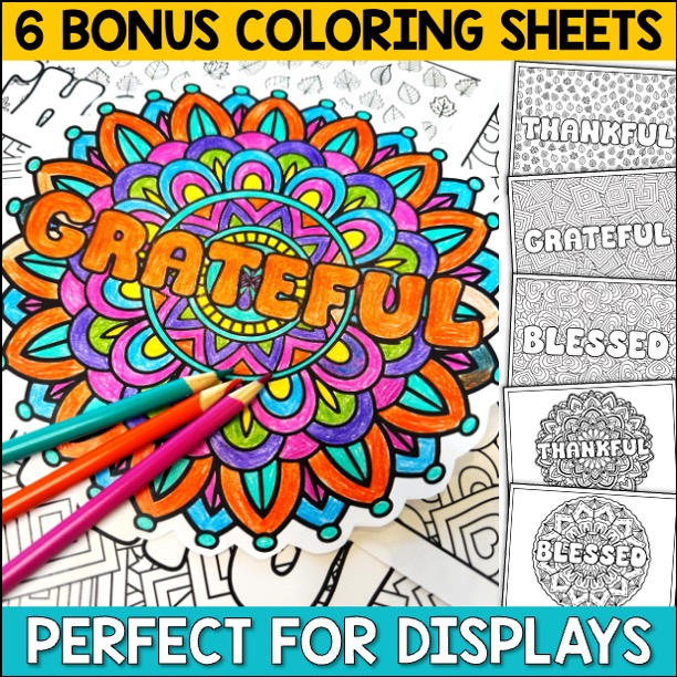 The six bonus coloring sheets: THANKFUL, GRATEFUL, and BLESSED in two designs each