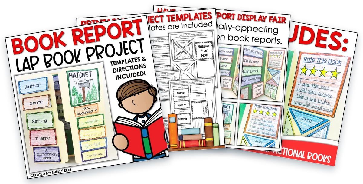 Pages from the free Book Report Lap Book Project: cover, templates, photo examples and directions