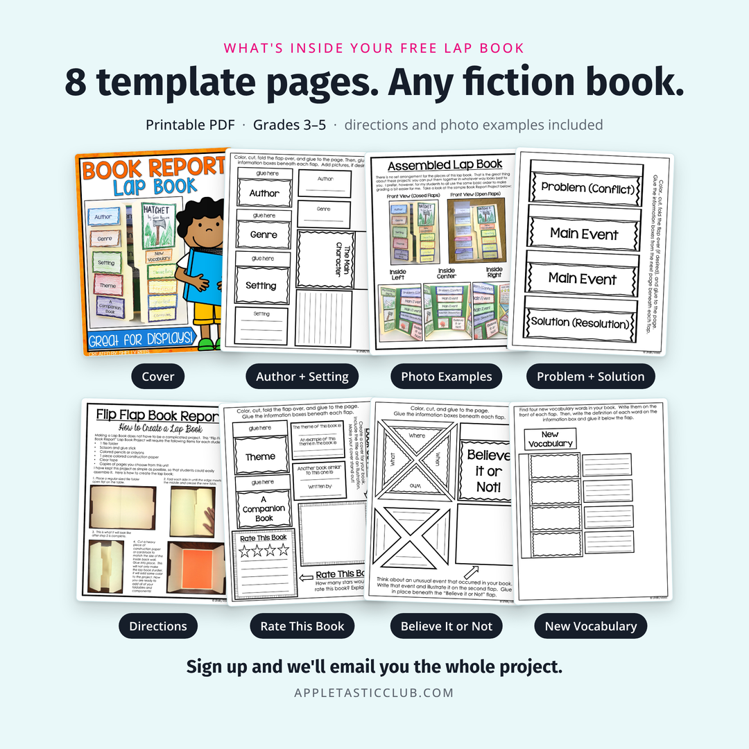Eight pages from the free Book Report Lap Book: the cover, five templates, photo examples and directions