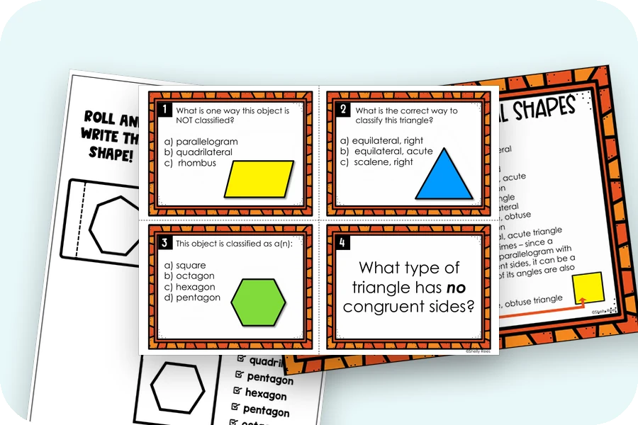 Three real pages from the math centers, games and task cards