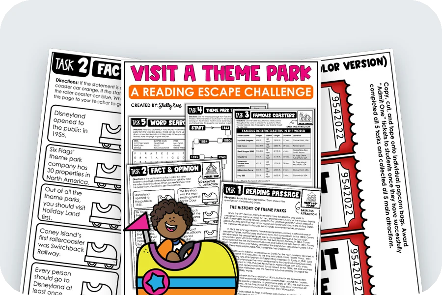 Three real pages from the Theme Park reading escape room
