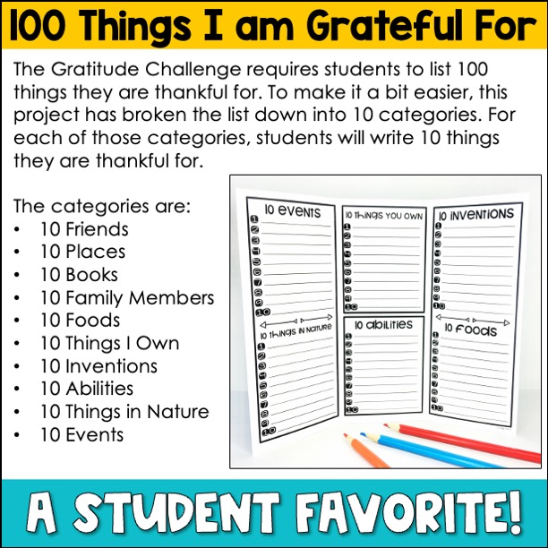 The ten categories of the Gratitude Challenge and the inside of the brochure