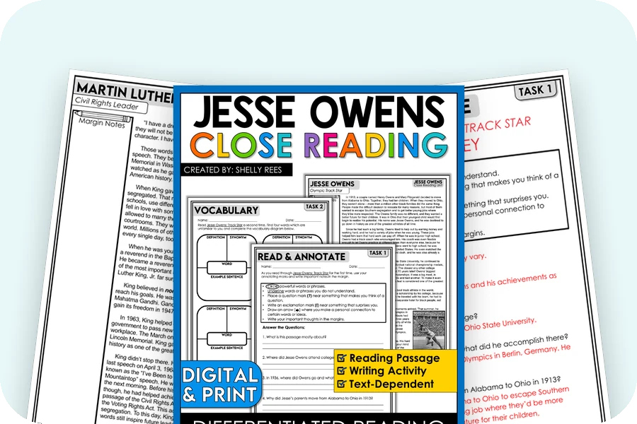 Three real pages from the close reading packets, with an answer key