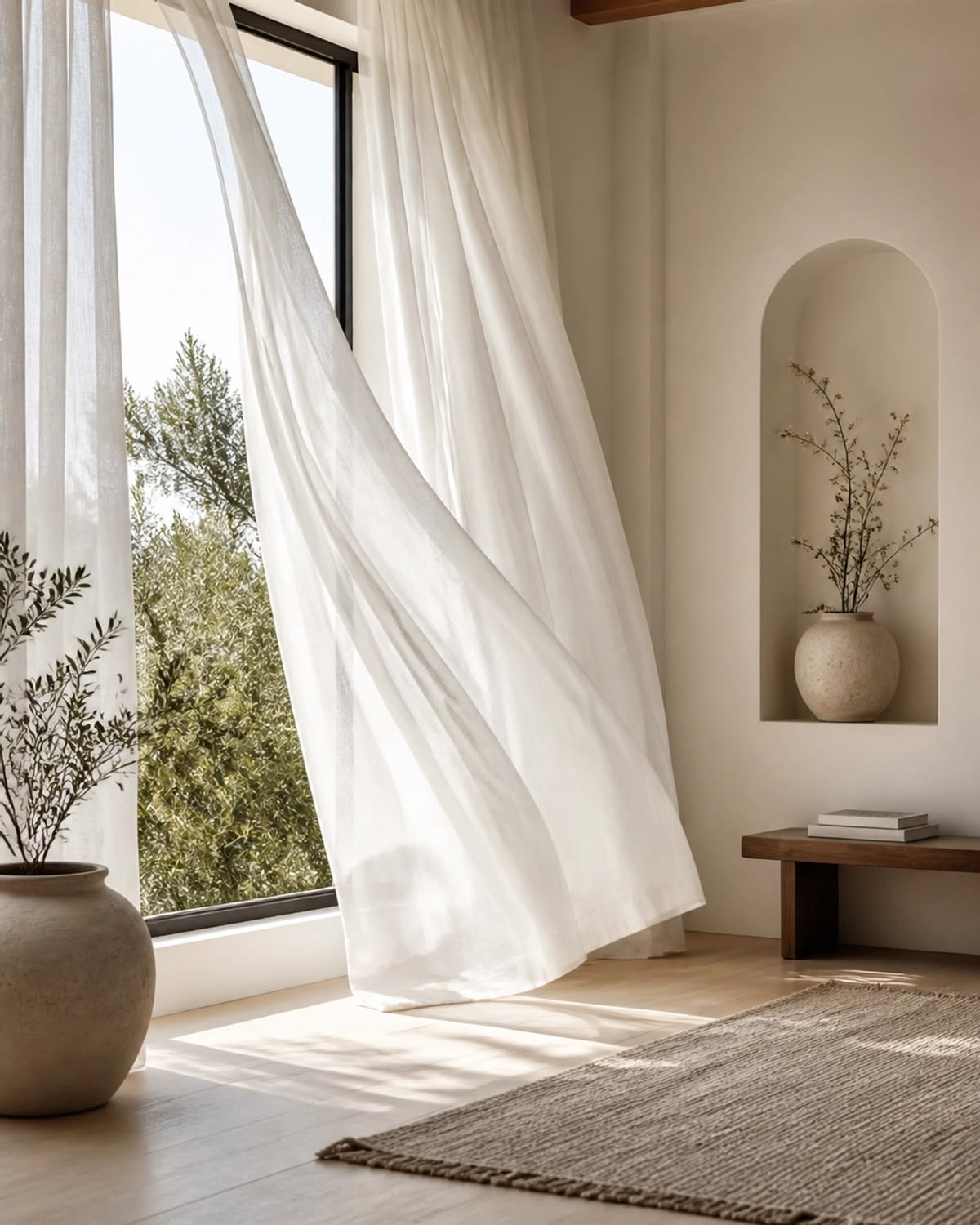 Calm light-filled interior with soft curtains