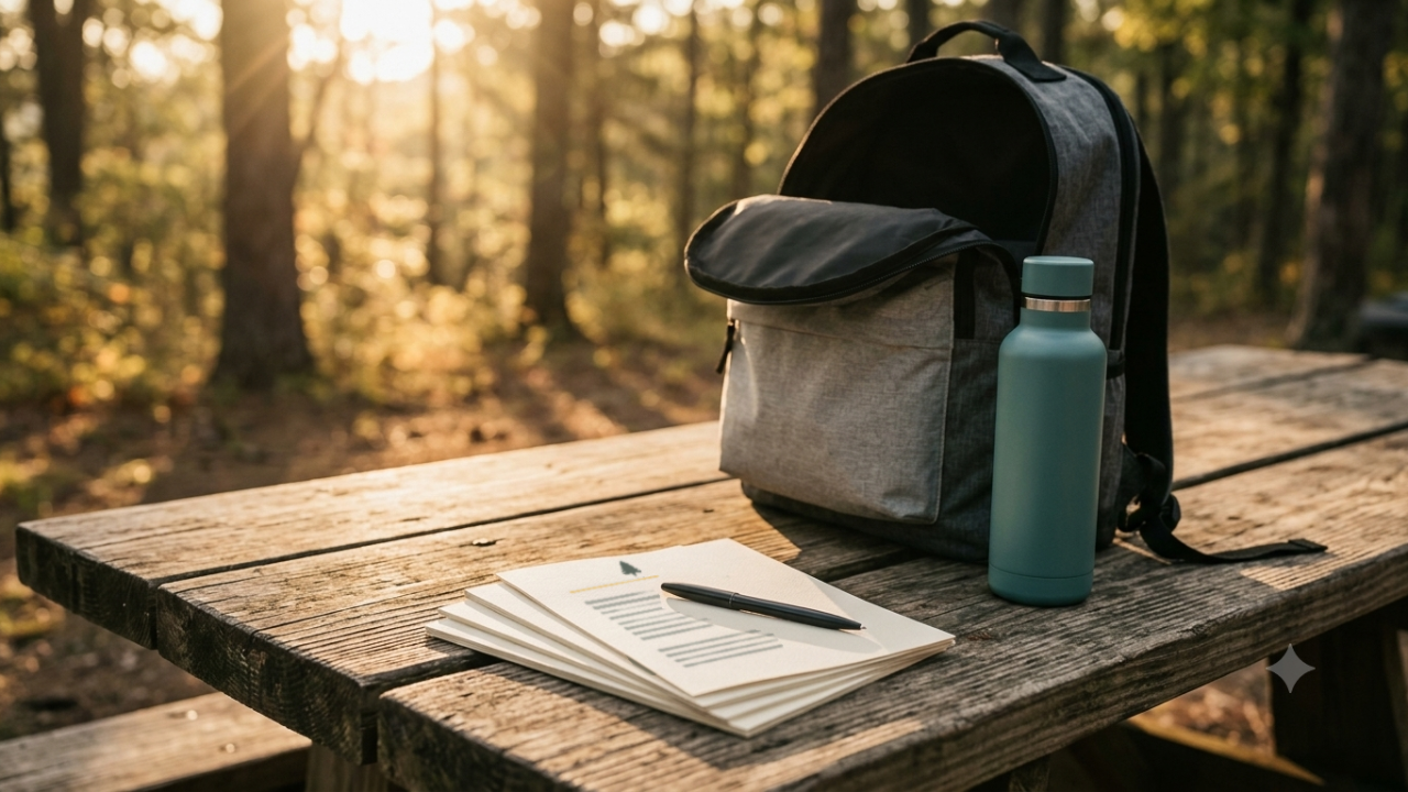 Treeline backpack, water bottle, and program materials on a picnic table