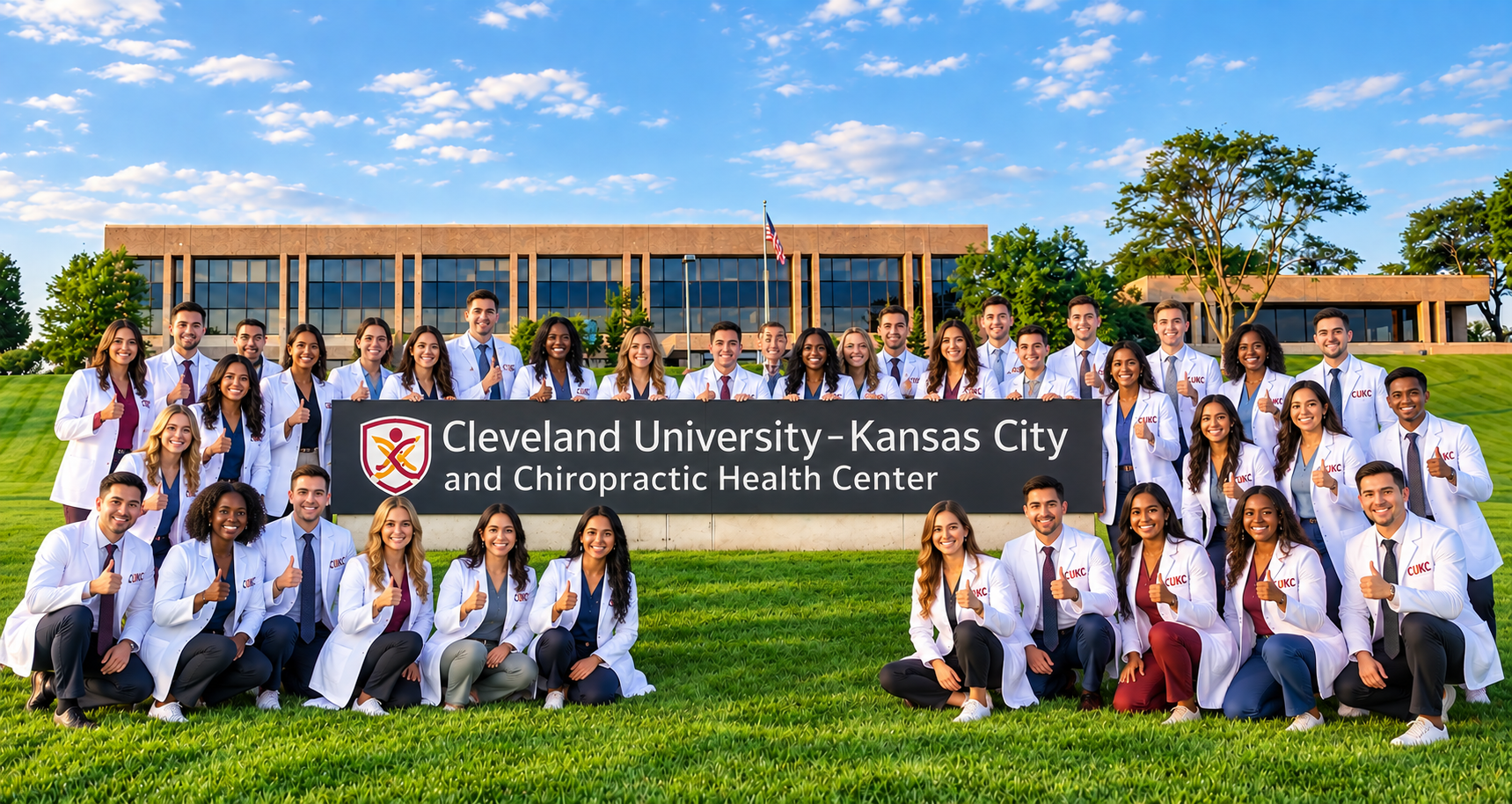 Group portrait in front of the Cleveland University-Kansas City and Chiropractic Health Center sign