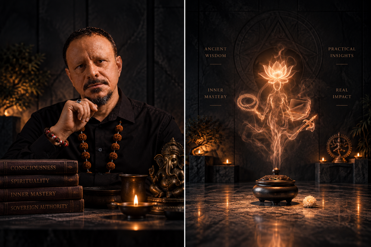 Cinematic spiritual banner with incense, lotus glow, and reflective dark setting