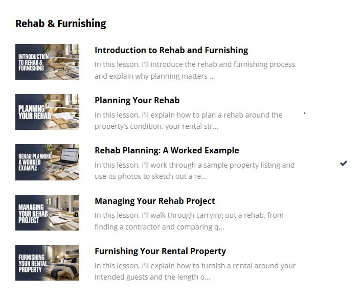 The Rehab & Furnishing module inside the Kajabi course