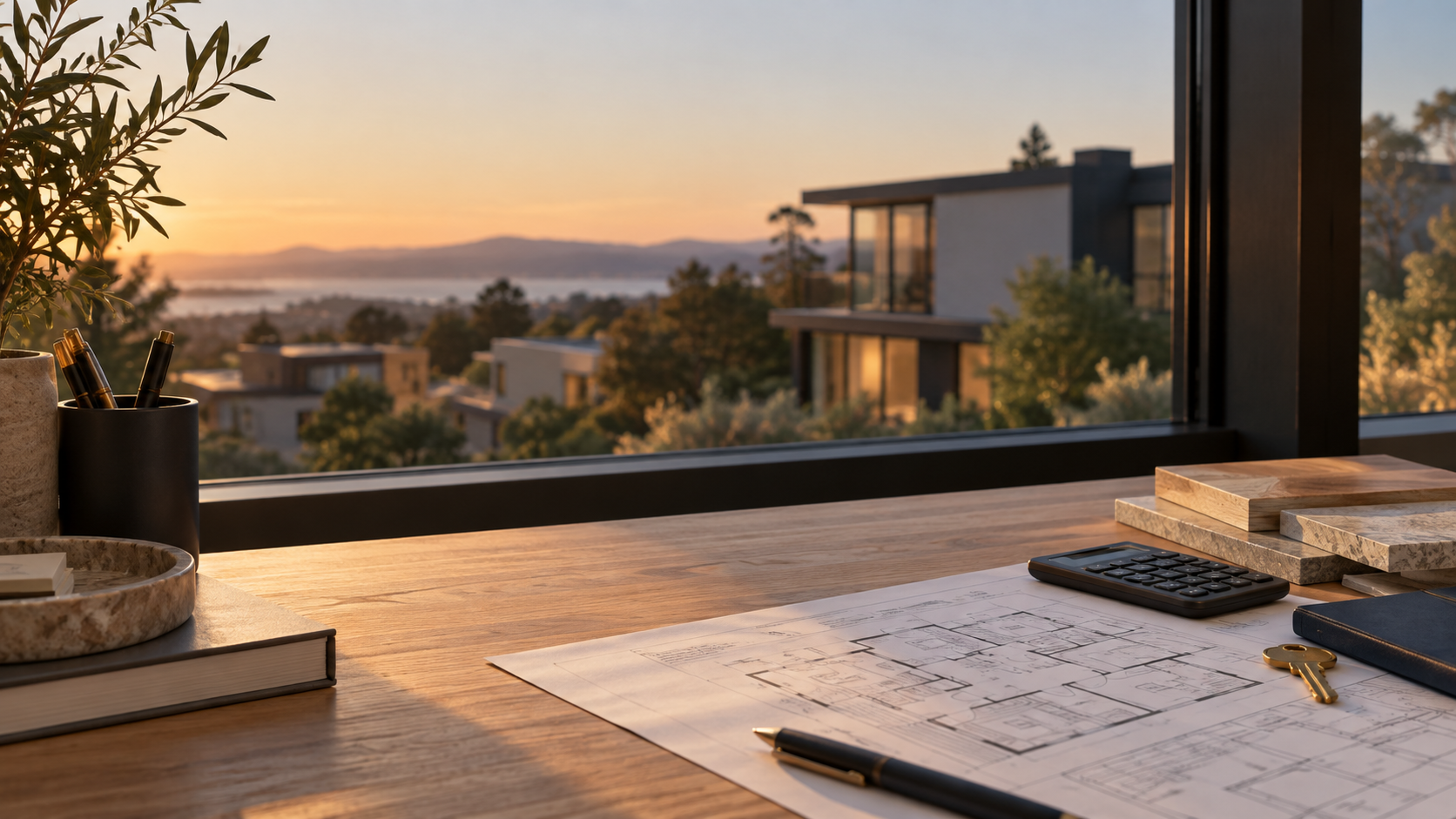 Illustrative rental-property planning workspace with floor plan and material samples