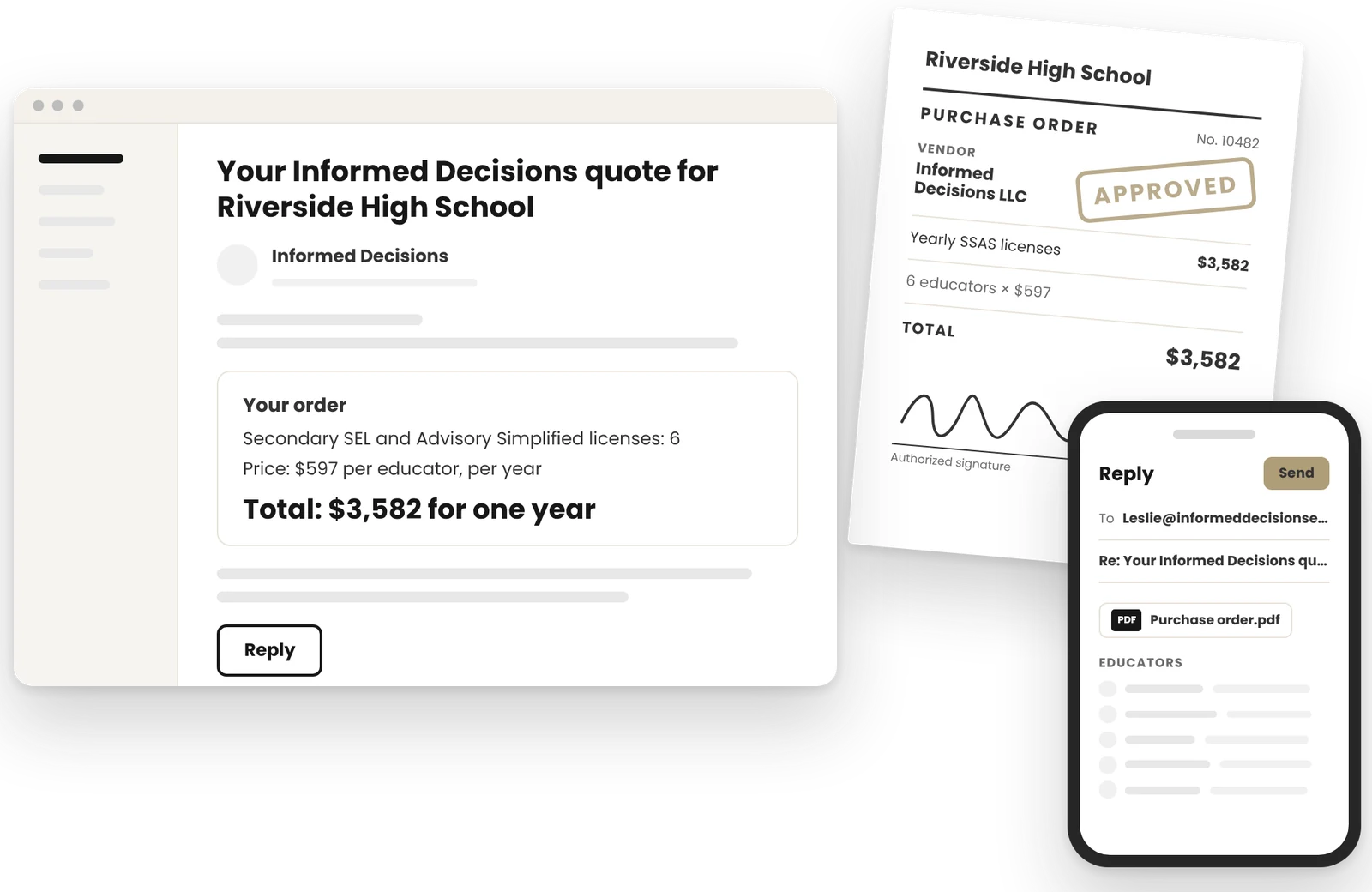 A quote email on a computer, an approved purchase order and a reply on a phone