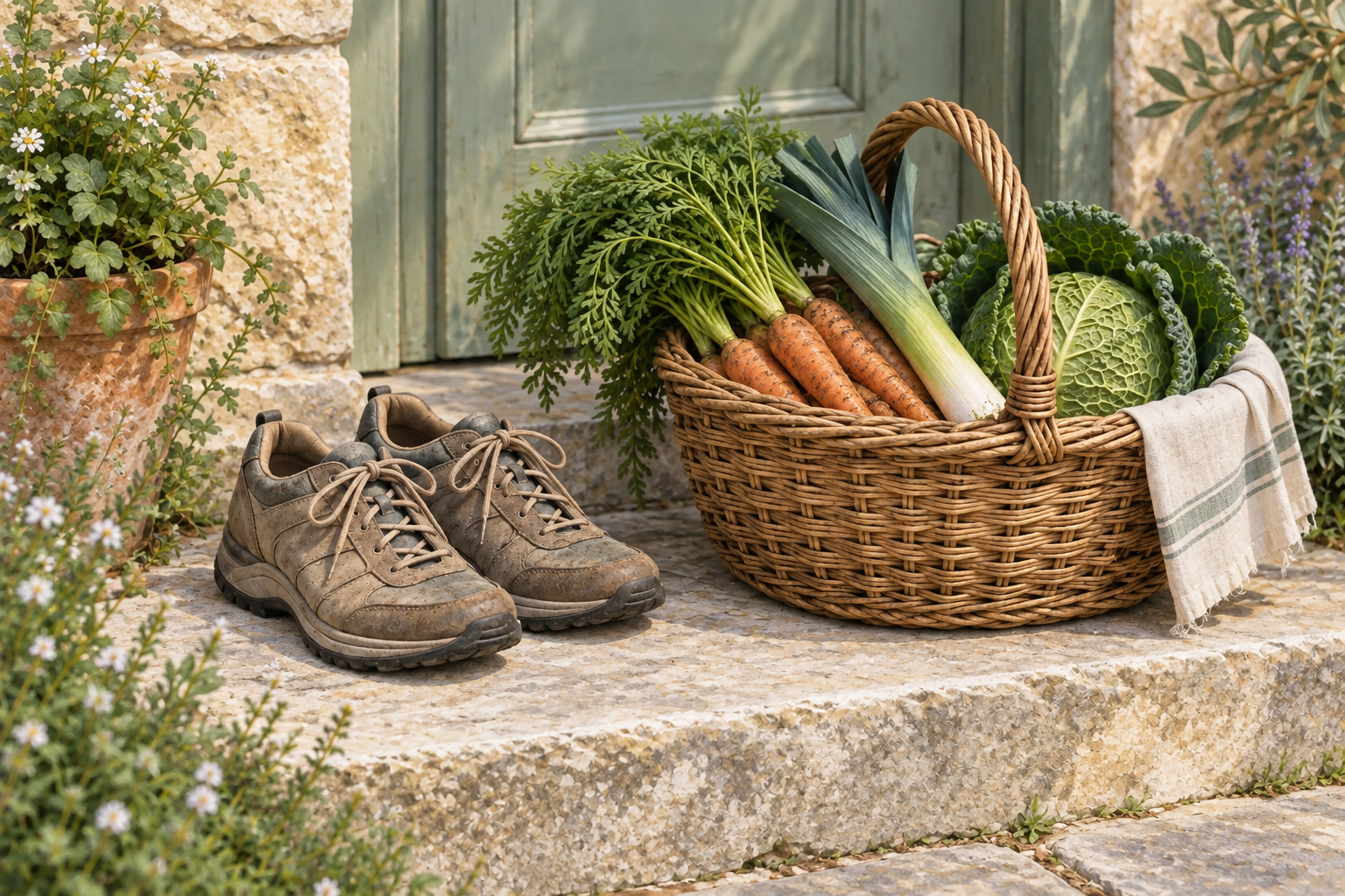 photograph of walking shoes beside a market basket of vegetables.