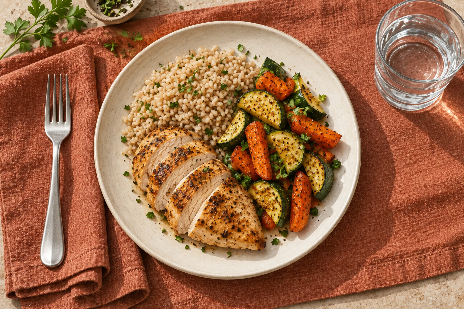 photograph of a chicken, rice and vegetable meal with a glass of water.