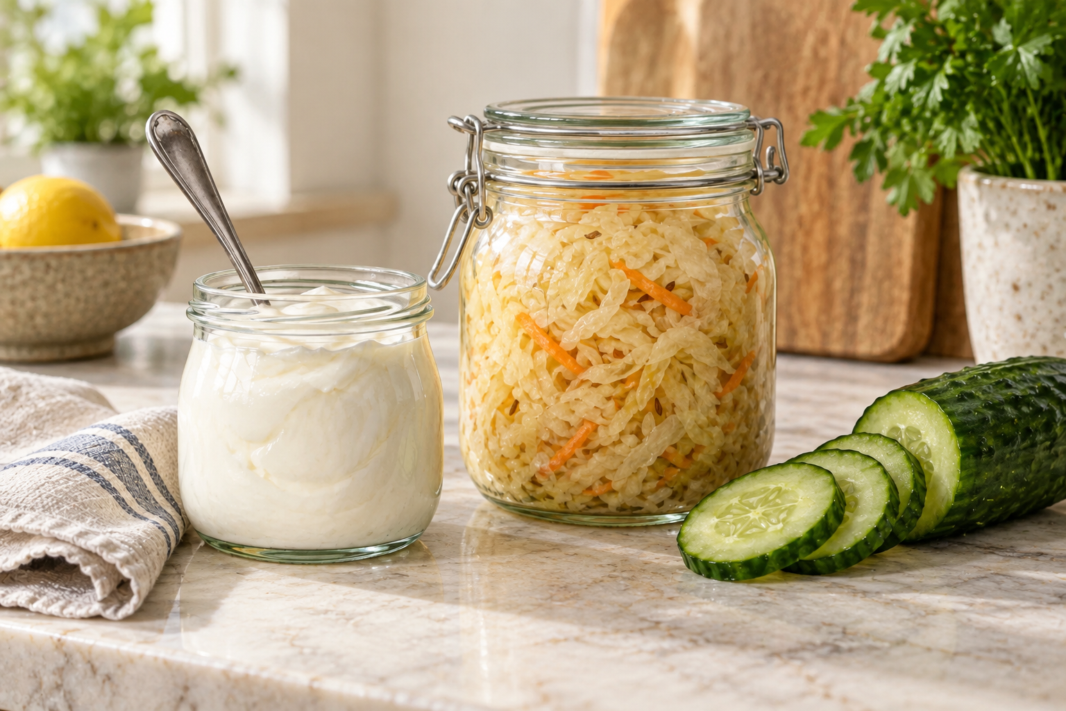 photograph of plain yogurt, sauerkraut and sliced cucumber.
