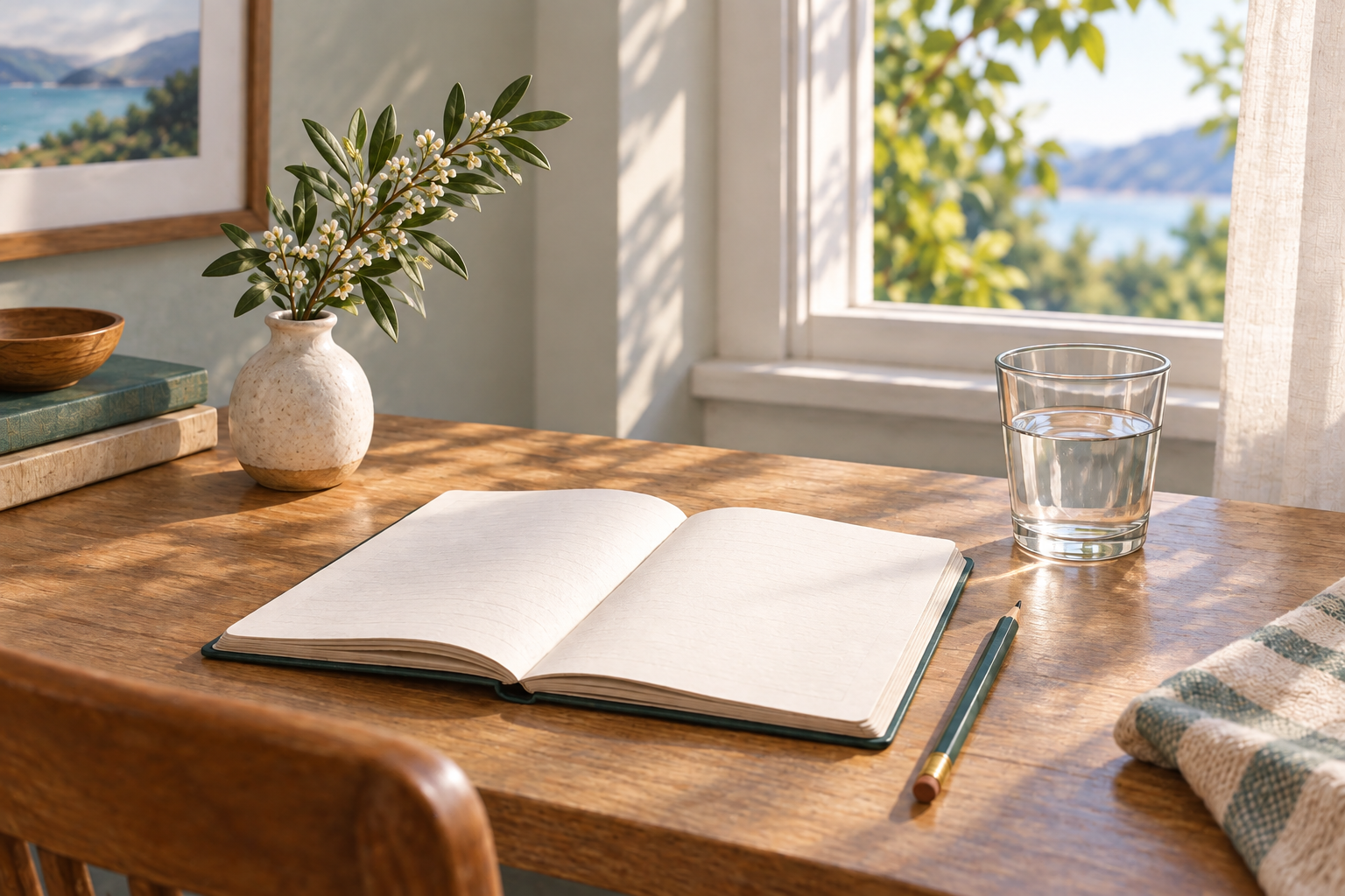 photograph of an open blank notebook and water glass beside a softly lit window.