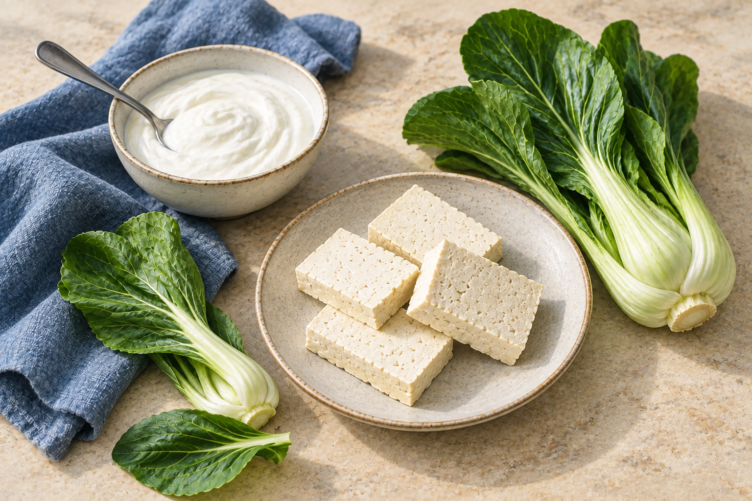 photograph of yogurt, tofu and bok choy.